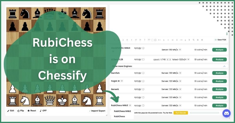ChessifyMe's tweet photo. At the request of our users 🫡 we've added #RubiChess to the Chessify cloud analysis platform.

You can analyze with the new #chessengine at 1 MN/s speed for Free or subscribe to get up to 130 MN/s speed.