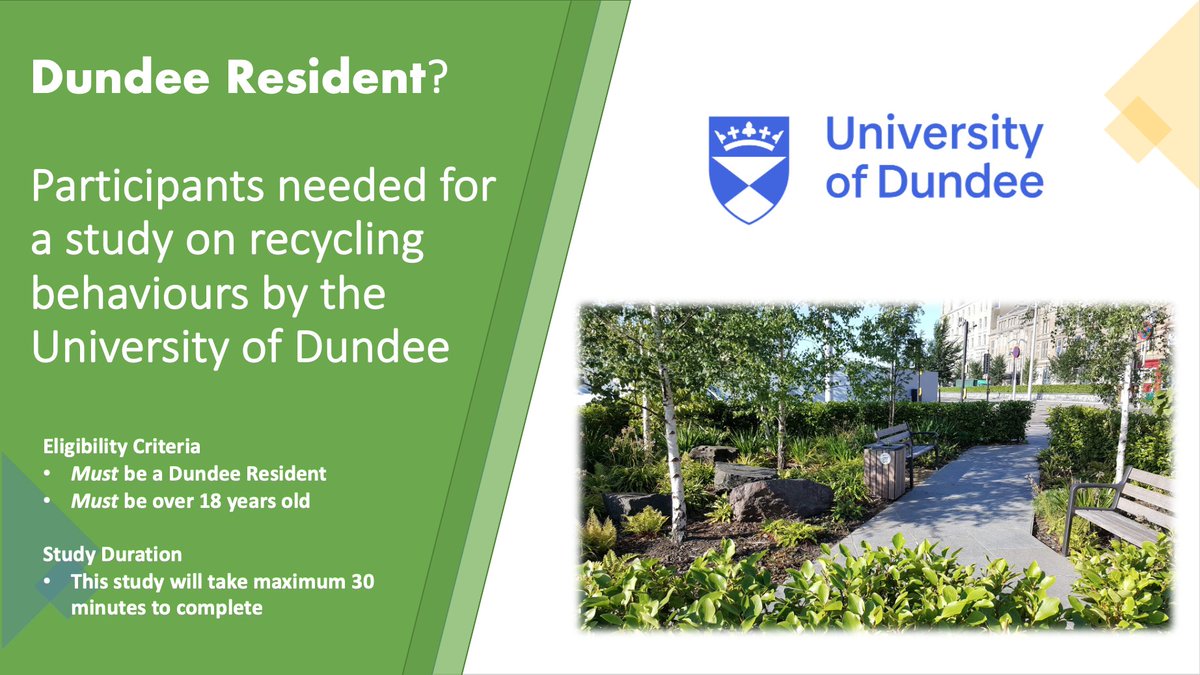 Participants Needed! Are you a Dundee resident &amp; 18+ Years Old? You are invited to take part in a study aiming to develop a greater understanding of recycling in the Dundee public. To find out more, &amp; to take part, follow this link: dundee.onlinesurveys.ac.uk/is-it-easy-bei… #Dundee #DundeeResident