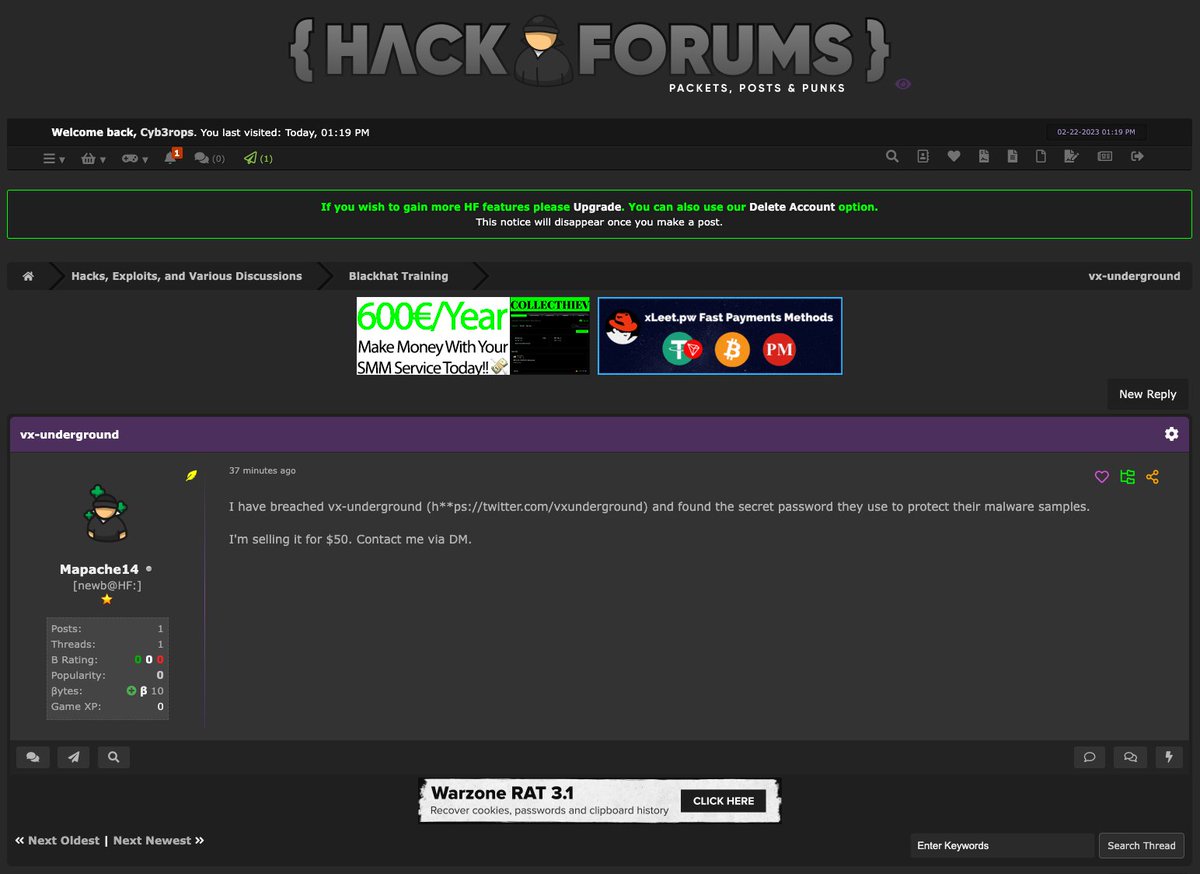 Someone claims to have breached @vxunderground and is selling their password in underground forums