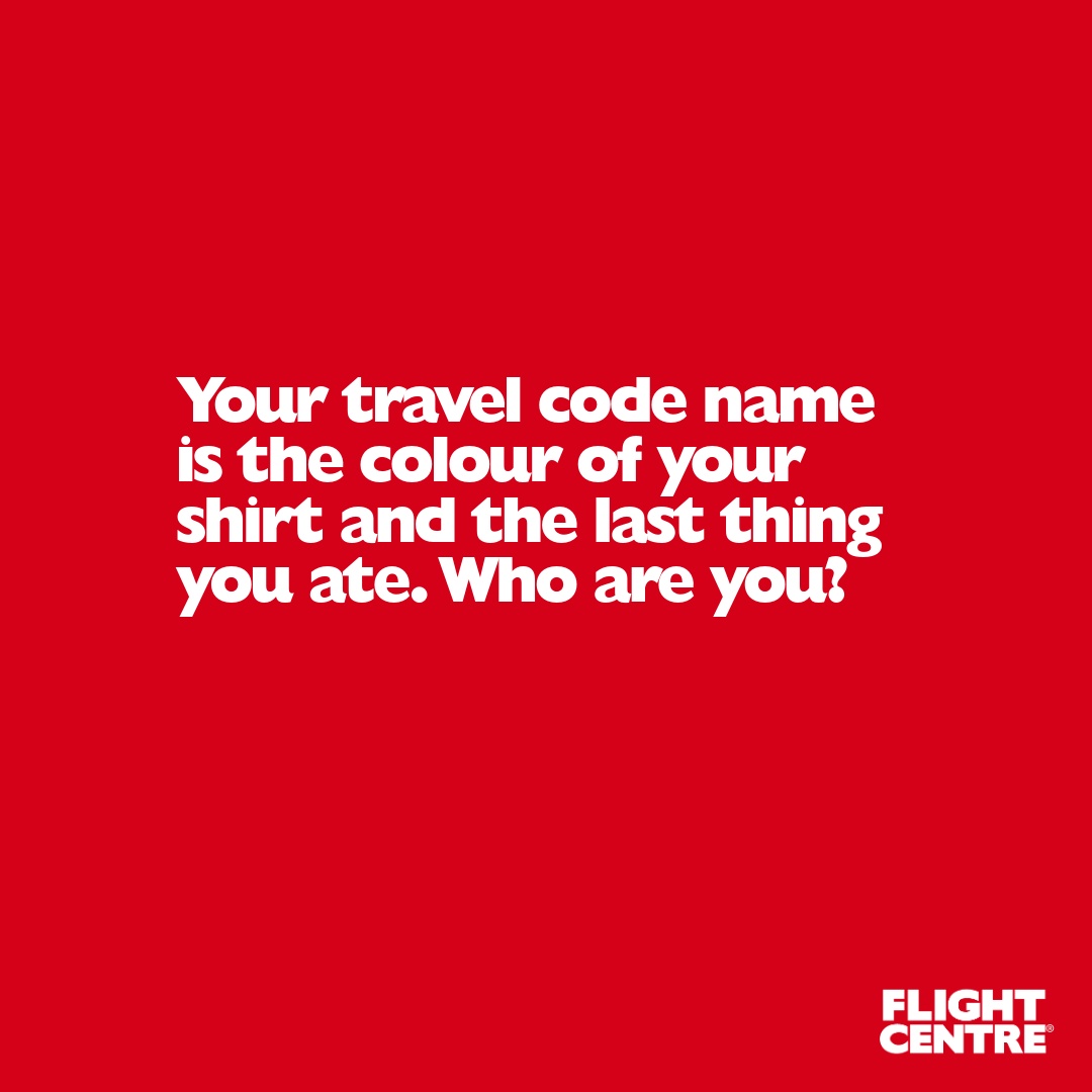 FlightCentre_UK's tweet photo. Your travel code name is the colour of your shirt and the last thing you ate. 

Who are you? 👀 

#experienceourexperience #beentherewithFC #travel https://t.co/3CGAV6GTsf
