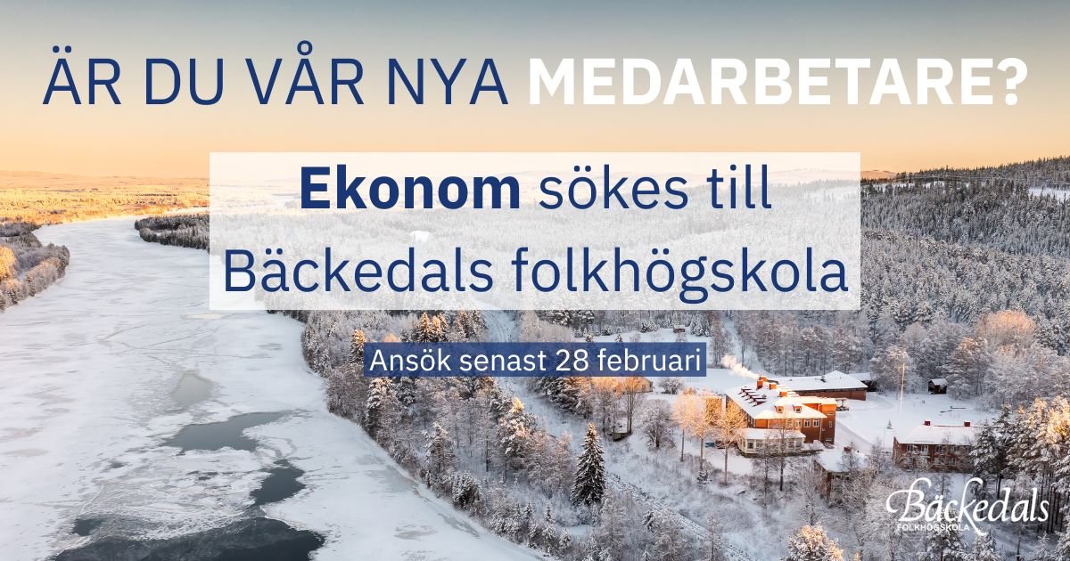 backedal's tweet photo. Längtar du efter natur, #folkbildning och engagemang? Vi söker en #ekonom till vårt arbetslag! 📈

Men pass på, sista dagen för att söka är den 28 februari. ⏳ 

Ansökan och mer info: https://t.co/0UJ0IX6Hu4

#folkhögskola #RegionJH #NyttJobb #TaSteget #finance #accounting https://t.co/XoIM0Ofvqk