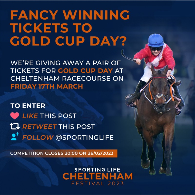 🏆 Fancy WINNING a pair of tickets to Gold Cup Day? 🏇 We've got two tickets to giveaway for the action at @CheltenhamRaces on Friday 17th March! To enter: 👍 Like this post 🔁 Share this post 🤝 Follow @SportingLife Competition closes at 20:00 on 26/02/23 Good luck!
