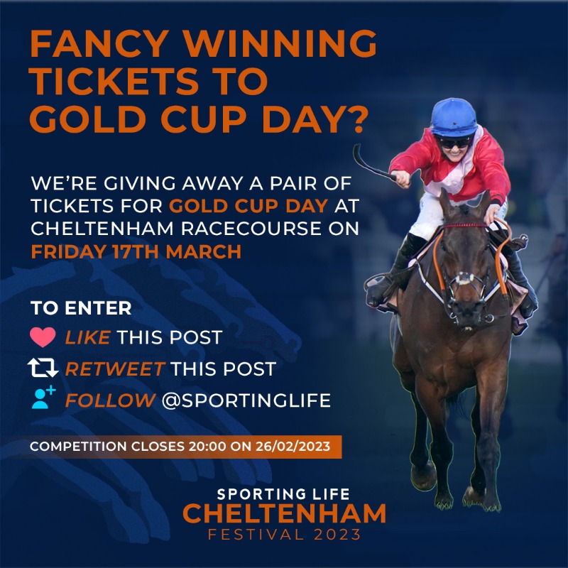 SportingLife's tweet photo. 🏆 Fancy WINNING a pair of tickets to Gold Cup Day?

🏇 We've got two tickets to giveaway for the action at @CheltenhamRaces on Friday 17th March!

To enter:
👍 Like this post
🔁 Share this post
🤝 Follow @SportingLife

Competition closes at 20:00 on 26/02/23

Good luck! https://t.co/daD9mo2gsB