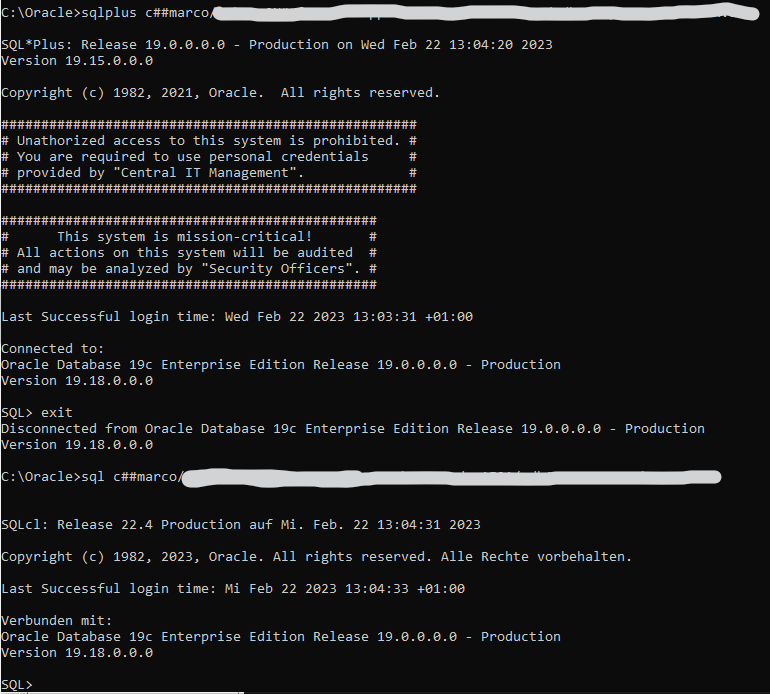 DBAMarco's tweet image. Playing with sqlnet.ora parameters SEC_USER_AUDIT_ACTION_BANNER and SEC_USER_UNAUTHORIZED_ACCESS_BANNER. Why is #sqlcl hiding those banners? SQL Developer does show it. /cc @thatjeffsmith