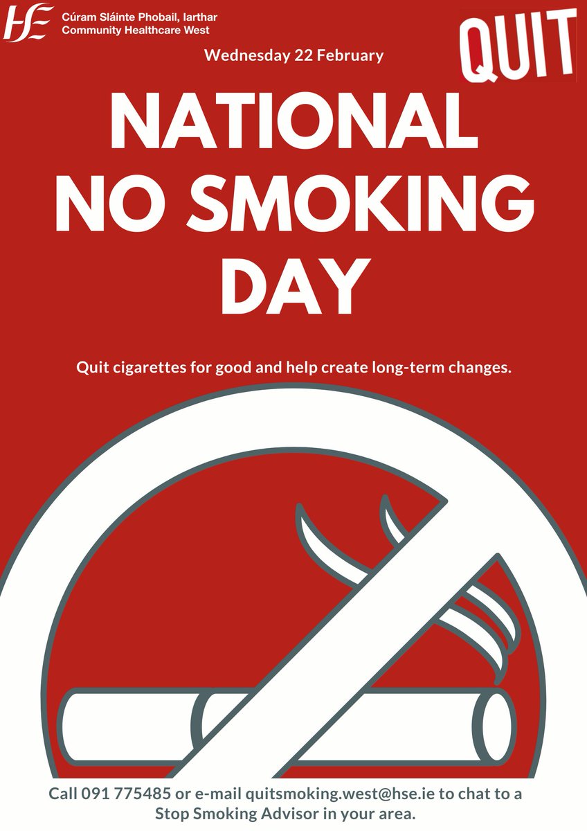 Staff News HSE West and North West (@staffnewswnw) on Twitter photo Today is #NationalNoSmokingDay.
#TakeBackControl
<a href="/HSEQuitTeam/">HSE QUIT Team</a> <a href="/HealthyIreland/">HealthyIreland</a> <a href="/HsehealthW/">HSE Health & Wellbeing</a> <a href="/HSELive/">HSE Ireland</a> Today is #NationalNoSmokingDay.
#TakeBackControl
<a href="/HSEQuitTeam/">HSE QUIT Team</a> <a href="/HealthyIreland/">HealthyIreland</a> <a href="/HsehealthW/">HSE Health & Wellbeing</a> <a href="/HSELive/">HSE Ireland</a>