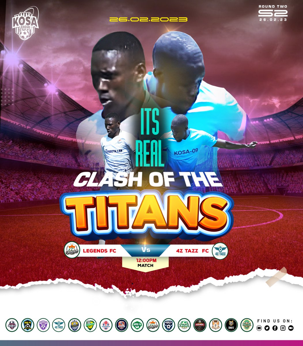 KOSA League (@kosaleague) on Twitter photo Legends FC is shooting for the stars in a Sunday midday clash with 4z Tazz FC.
Predict and win Mulondo juice 😆 for this highly ancipated fixture.
Coincidentally, the two giants are facing teams from Budo in tonight's <a href="/AlumniChampions/">Schools' Alumni Champions League</a> games. Be there.
#SACL
#Kosaleague Legends FC is shooting for the stars in a Sunday midday clash with 4z Tazz FC.
Predict and win Mulondo juice 😆 for this highly ancipated fixture.
Coincidentally, the two giants are facing teams from Budo in tonight's <a href="/AlumniChampions/">Schools' Alumni Champions League</a> games. Be there.
#SACL
#Kosaleague