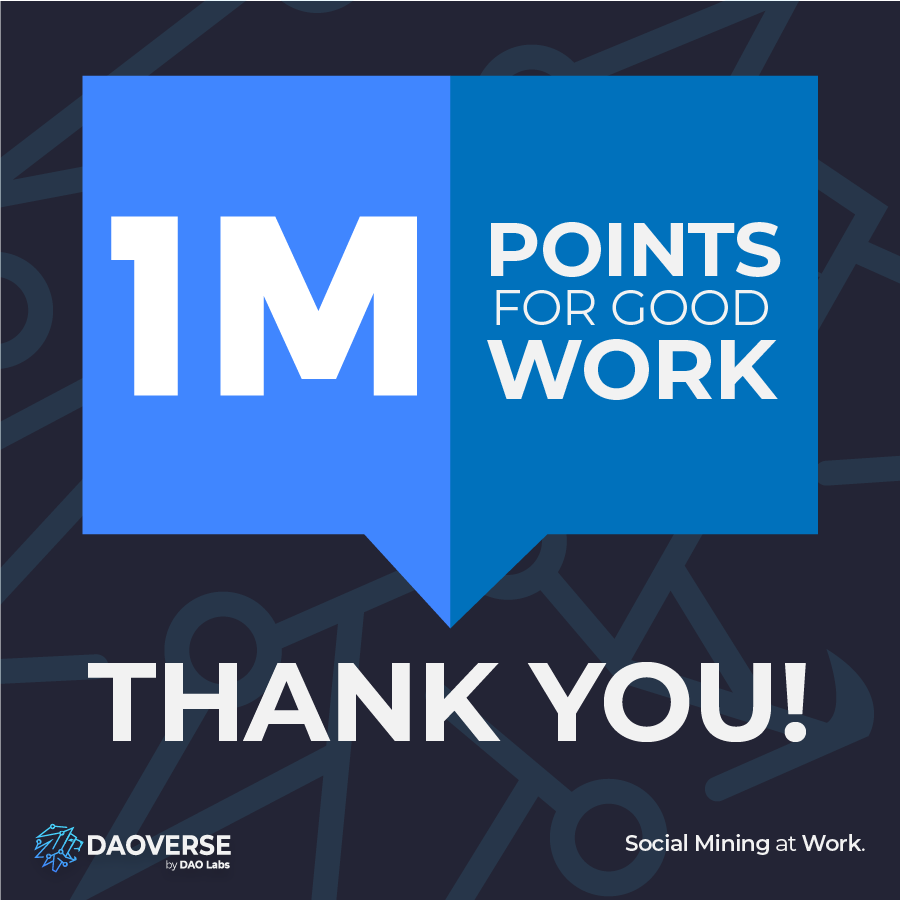 #DAOVERSE reached an important milestone.

One Million Points have been assigned to #SocialMining activities and tasks in less than a year of good work.

The DAO Labs Team thanks the DAOVERSIANS for this incredible shared effort.

Thank you. Keep it up!