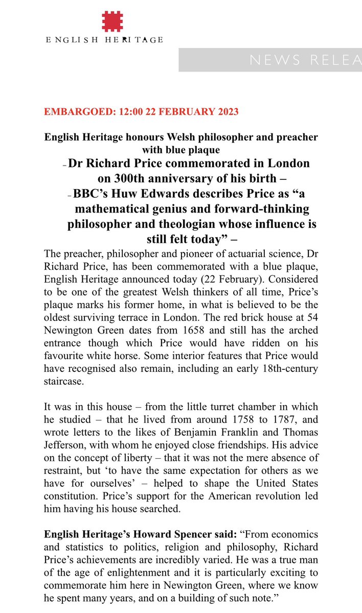 HackneySociety's tweet image. The 994th @EnglishHeritage Blue Plaque is unveiled to Revd Richard Price at his terraced home, built a hundred years before him in 1668, just over the Islington border in Newington Green. Price was minister @NGMeetingHouse and friend of Mary Wollstonecraft and Founding Fathers.