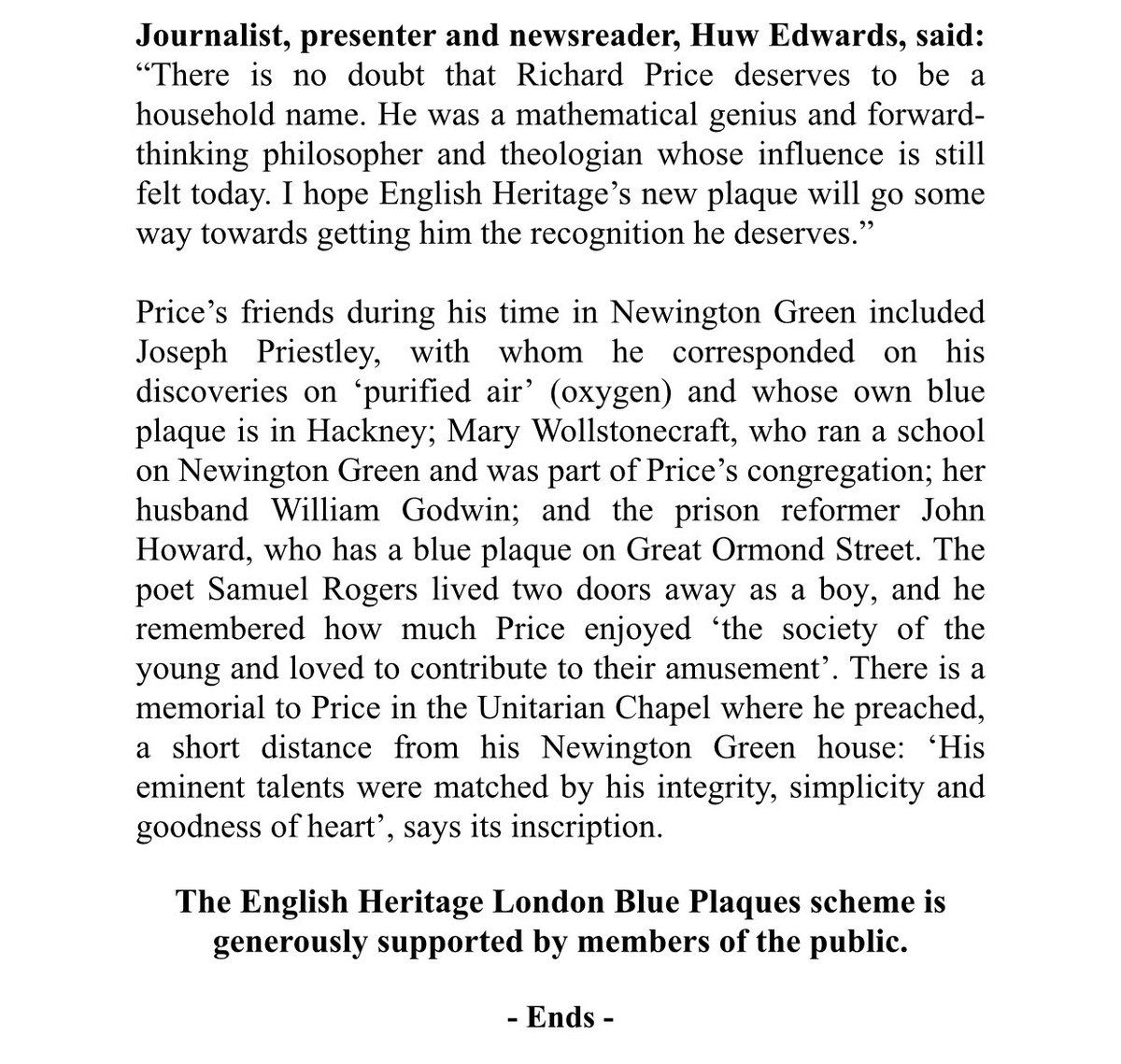 HackneySociety's tweet image. The 994th @EnglishHeritage Blue Plaque is unveiled to Revd Richard Price at his terraced home, built a hundred years before him in 1668, just over the Islington border in Newington Green. Price was minister @NGMeetingHouse and friend of Mary Wollstonecraft and Founding Fathers.