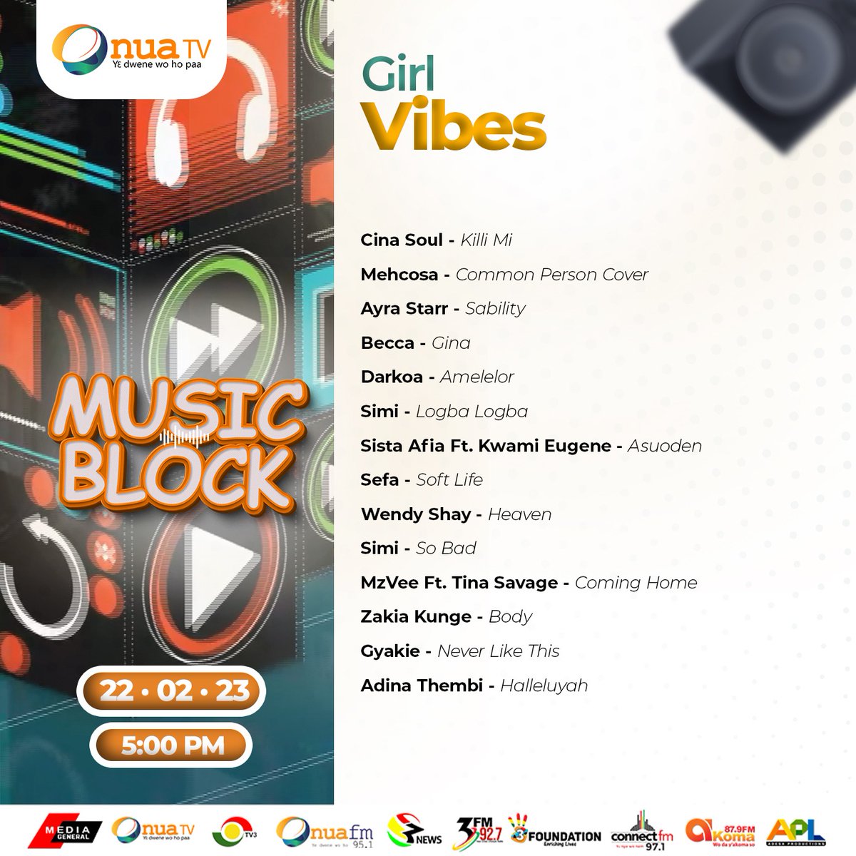 OnuaTV's tweet photo. Tune in to Onua #MusicBlock and enjoy some girl-vibe music.
Make a date. #OnuaTV https://t.co/Ej6U9QBJCC