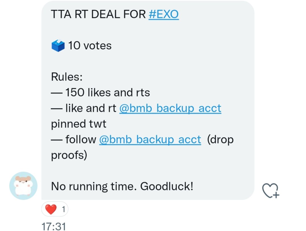 AlienEXO_L9's tweet image. Attention EXOLs ‼️‼️‼️
TTA RT DEAL FOR #EXO
🗳️ 10 votes

— 150 likes and rts
— like and rt @bmb_backup_acct pinned twt
— follow @bmb_backup_acct  (drop proofs)

No running time.

Let's complete this fast Ls ❤️‍🔥❤️‍🔥 fighting for our boys 💪🏻❤️‍🔥 @weareoneEXO