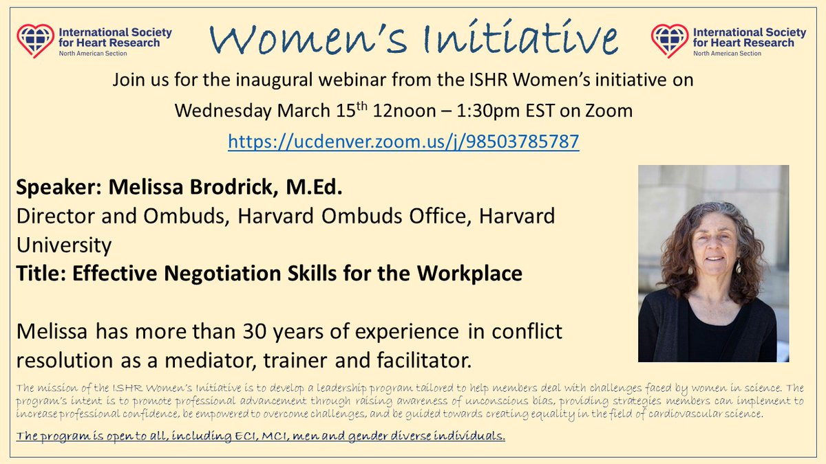 Emma Louise Robinson, PhD, FHFA (@robinson7l) on Twitter photo Join us for the inaugural webinar from the <a href="/ISHR_NAS/">ISHR North American Section</a> Women's Initiative on March 15th 12noon-1:30pm EST. We'll be hearing from Melissa Brodrick on Effective Negotiation. Open to all! <a href="/dr_kcwoulfe/">KC Woulfe, PhD</a> <a href="/TMHalePhD/">Taben M. Hale, PhD</a> <a href="/PilarAlcaidePhD/">Pilar Alcaide, PhD</a> <a href="/yingge2121/">Ying Ge</a> <a href="/mkontari/">Maria Kontaridis</a>
ucdenver.zoom.us/j/98503785787 Join us for the inaugural webinar from the <a href="/ISHR_NAS/">ISHR North American Section</a> Women's Initiative on March 15th 12noon-1:30pm EST. We'll be hearing from Melissa Brodrick on Effective Negotiation. Open to all! <a href="/dr_kcwoulfe/">KC Woulfe, PhD</a> <a href="/TMHalePhD/">Taben M. Hale, PhD</a> <a href="/PilarAlcaidePhD/">Pilar Alcaide, PhD</a> <a href="/yingge2121/">Ying Ge</a> <a href="/mkontari/">Maria Kontaridis</a>
ucdenver.zoom.us/j/98503785787