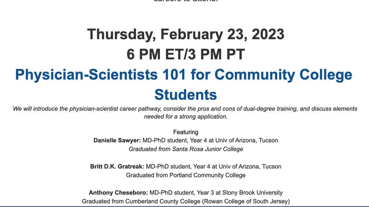 TOMORROW 2/23 at 6 PM ET/3 PM PT! @A_P_S_A is hosting a Physician-scientist 101 pre-session for community college students! Join us before the Day in the Life of a Physician-Scientist session at 7 PM ET/5 PM PT! Register for both: tinyurl.com/02-23-2023 #communitycollege