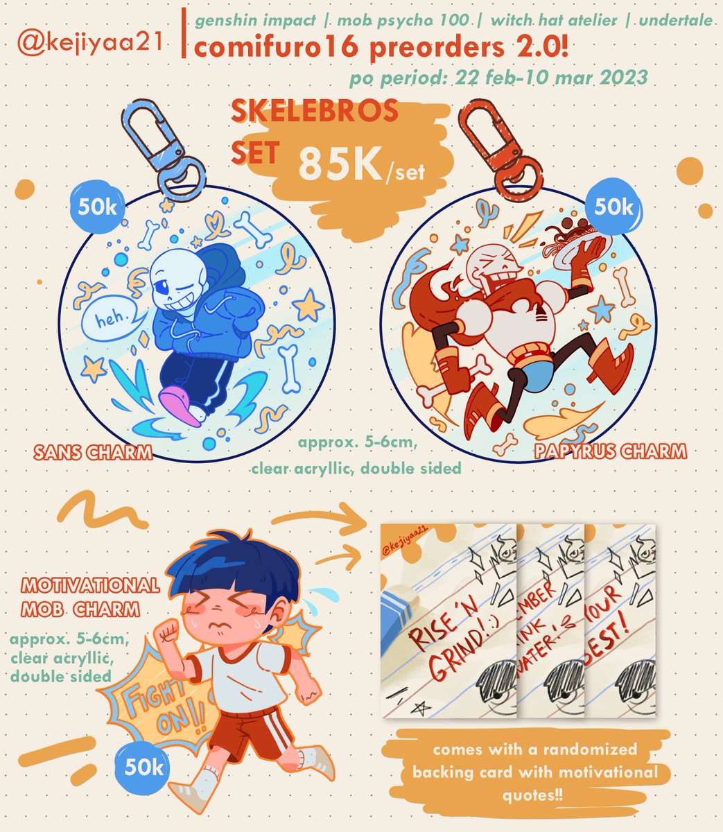(2/2)

🧡Order Form: Available at https://t.co/tuKCXemDQ2

#comifuro16 #cf16 #artidn #genshinimpact #mobpsycho100 #witchhatatelier #undertale 