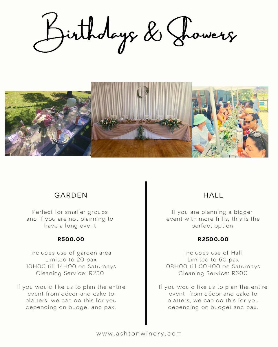 Make your wedding magical with Ashton Winery!

Ashton Winery, situated in the heart of the Robertson Wine Valley in the picturesque Town of Ashton is ideal.

#ashtonwinery #robertsonwinevalley #valleyweddings #ashton #weddings #wine