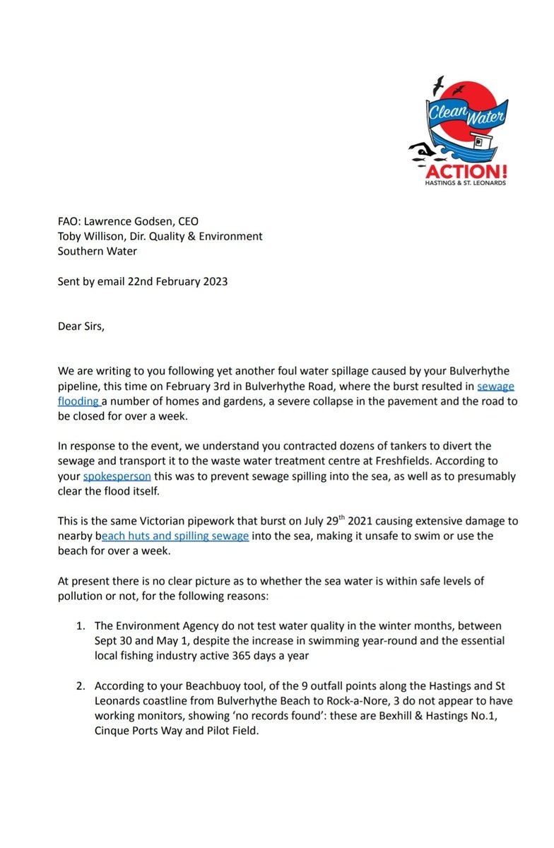 CleanWaterActGp's tweet image. 📝PRESS RELEASE:
We have written to @SouthernWater following receiving a HIGH FAECAL BACTERIA READING at Bulverhythe last week.☣️

@EnvAgency standard is no more than 185cfu/100ml. Our test showed 650 ‼️

#endsewagepollution #cutthecrap