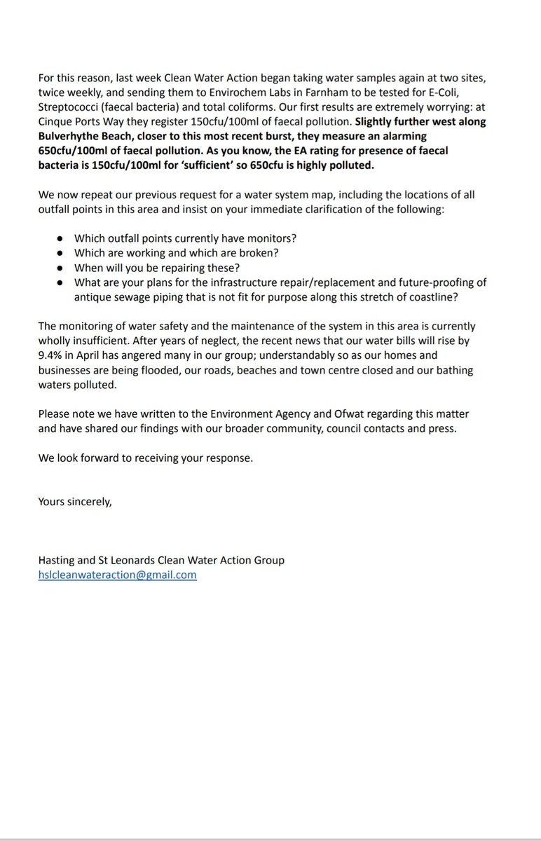 CleanWaterActGp's tweet image. 📝PRESS RELEASE:
We have written to @SouthernWater following receiving a HIGH FAECAL BACTERIA READING at Bulverhythe last week.☣️

@EnvAgency standard is no more than 185cfu/100ml. Our test showed 650 ‼️

#endsewagepollution #cutthecrap