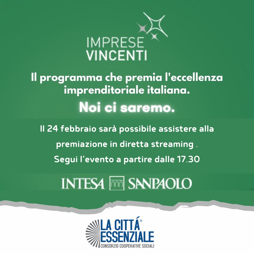 Arriva a Torino il 24 febbraio la quarta tappa del roadshow di "Imprese Vincenti 2022", iniziativa promossa da <a href="/intesasanpaolo/">Intesa Sanpaolo</a> 
Tra le 10 imprese premiate 🏆ci siamo noi nella categoria "impatto sociale". 
👉Non perdere la diretta streaming sul sito del Gruppo Intesa SanPaolo.