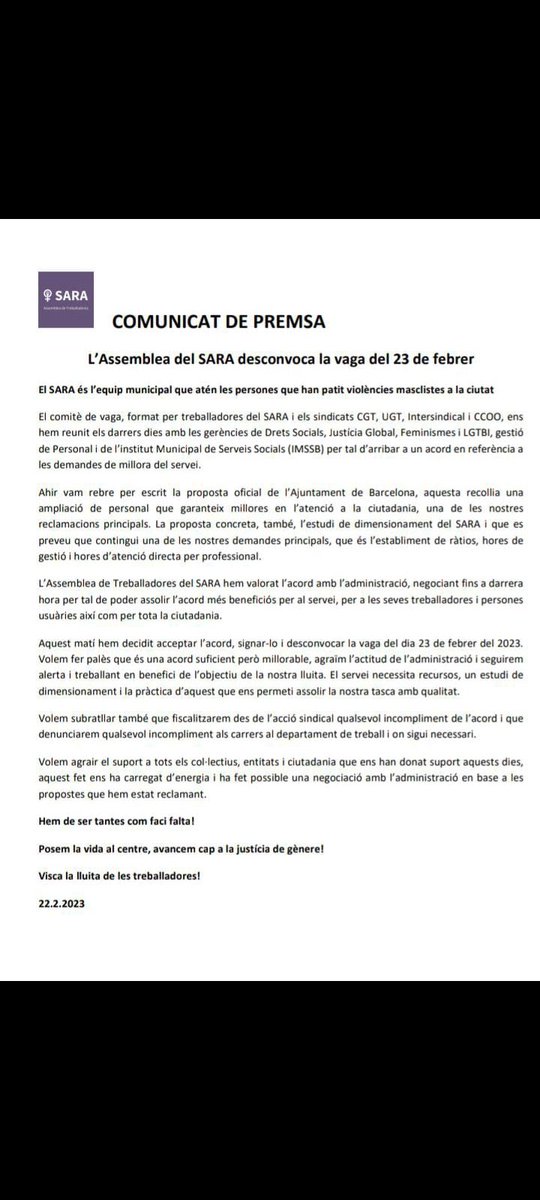 AssembleaSara's tweet photo. Comunicat de l'Assemblea de Treballadores del SARA per desconvocar la #VagaSARA de demà dia #23F https://t.co/LYYFCd84cF