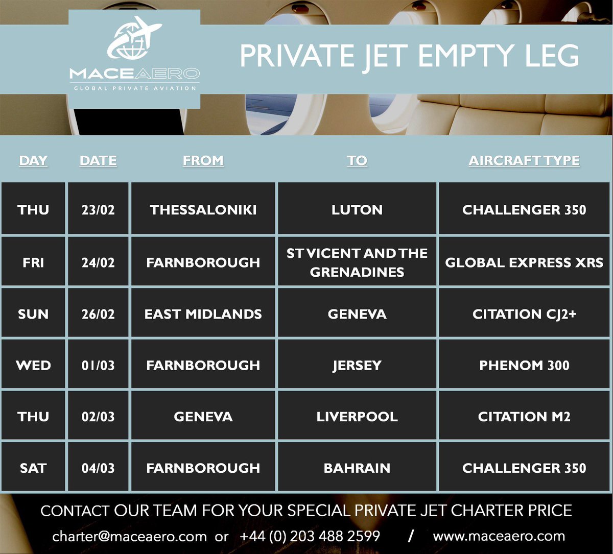 MaceAero's tweet photo. Exclusive private jet reduced rate empty leg available. 🤩 ✈️

Do you have another route in mind? We can make it happen.

Contact charter@maceaero.com for your special private jet charter price.

#emptyleg #privatejet #privateflight #jetslondon #emptylegjetcharters #charter https://t.co/sanZEbWpG6