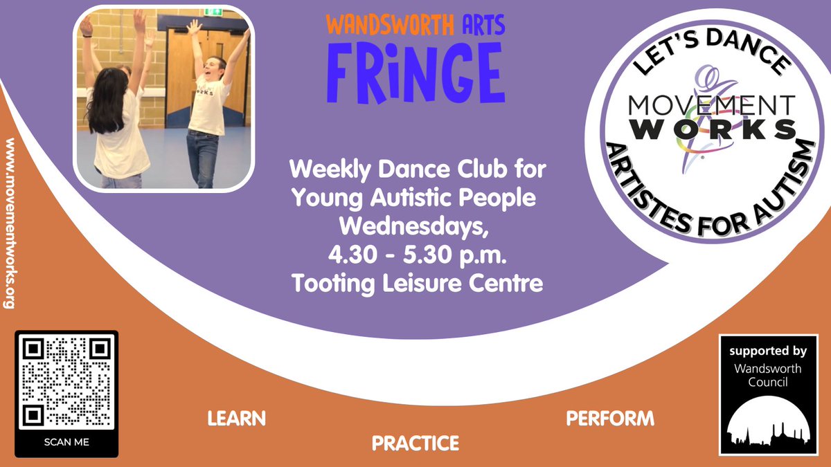 MovementWorksEd's tweet photo. Places still available! #ArtistesforAutism dance club Wednesdays at @placesforpeople 
All the info: https://t.co/q12wsek6Ud
Thanks to @WAFfringe @RADheadquarters @A2ndvoiceCic @ShareCommunity @wandbc  #MovementWorks #AutisticYouth #LetsDance https://t.co/XHXFUaqzWF