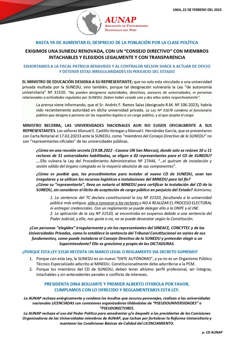 Exigimos una <a href="/SuneduPeru/">Sunedu</a> renovada, con miembros intachables, elegidos legalmente y con transparencia.