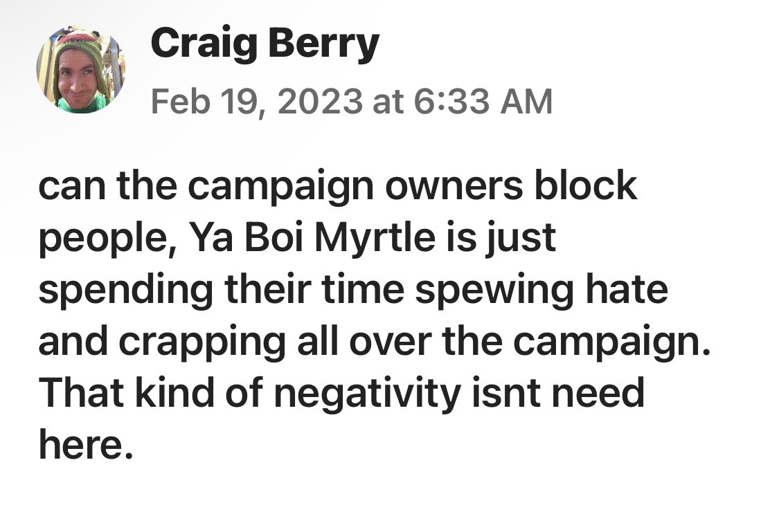 YaBoiMyrtle's tweet photo. Craig is REALLY upset that I posted a comment on Kickstarter, so he’s trying to get me blocked.
It’s not tweeter of Facebook, you pantywaist. https://t.co/lGJ62PnCYp