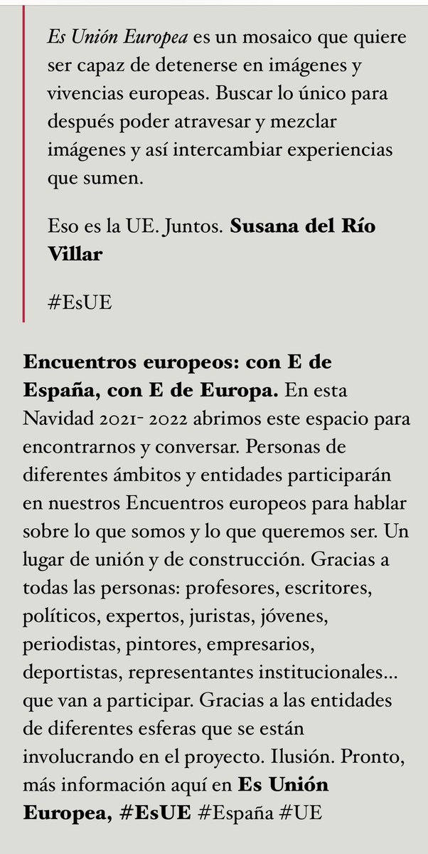 Su_delRio's tweet photo. ‘Es Unión Europea’ vuelve a pasear, escribir, analizar, mirar. Políticos, profesores, empresarios, juristas, economistas, escritores, periodistas, deportistas, participan. Reflexionaremos sb el tiempo decisivo q.viven la #UE #España https://t.co/tQn5Gg7TiL #EsUE #Europa #Política https://t.co/zXeX9ArA2a