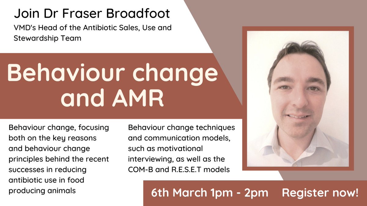 vmdgovuk's tweet photo. Dr Fraser Broadfoot will lead a live session to explore Behaviour change and #AMR. Joining instructions will be given when you register - copy and paste the links into your calendar. Register now: https://t.co/3TBFmCwSHk #AntimicrobialResistance
#KeepAntibioticsWorking https://t.co/JrIvR9K3xP