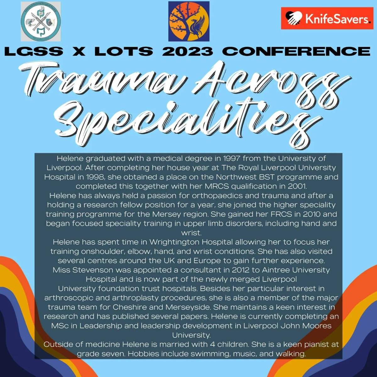 LiverpoolTrauma's tweet photo. 📢 SPEAKER ANNOUNCEMENT 📢

We are very honoured to announce Ms Helene Stevenson, Consultant Orthopaedic Surgeon, will be speaking at our Trauma Across Specialities conference!

Link in bio to get your tickets - don't miss out! https://t.co/zbfgT4T4Bd