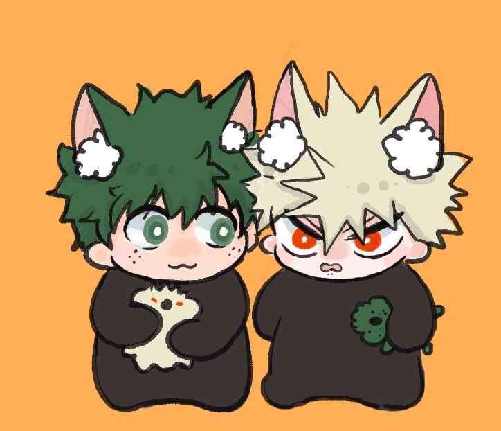 bakugou katsuki ,midoriya izuku multiple boys 2boys animal ears green eyes green hair freckles male focus  illustration images