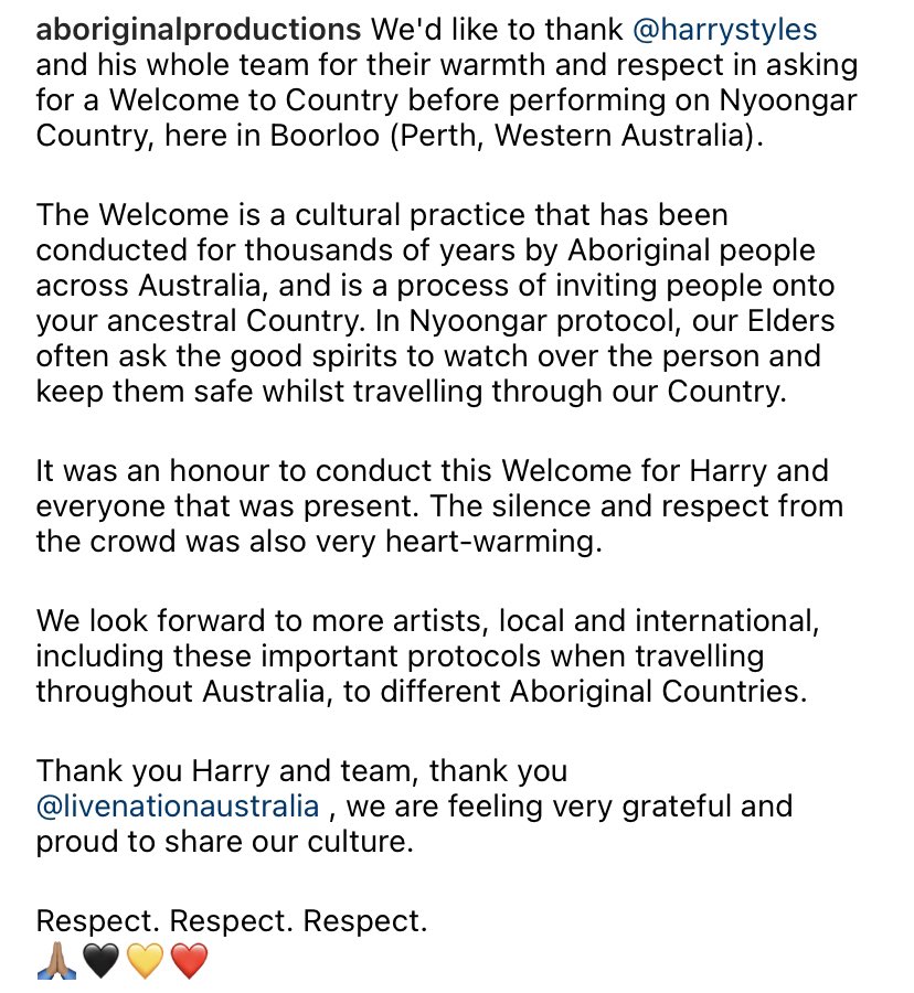 hsdaily's tweet image. Aboriginal Productions via Instagram: 

“We'd like to thank @Harry_Styles and his whole team for their warmth and respect in asking for a Welcome to Country before performing on Nyoongar Country, here in Boorloo (Perth, Western Australia)” 🖤💛❤️