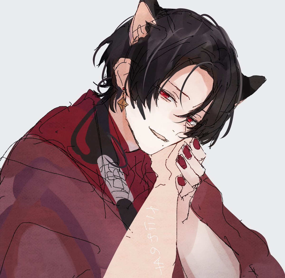 kashuu kiyomitsu red eyes animal ears male focus 1boy jewelry earrings cat ears  illustration images