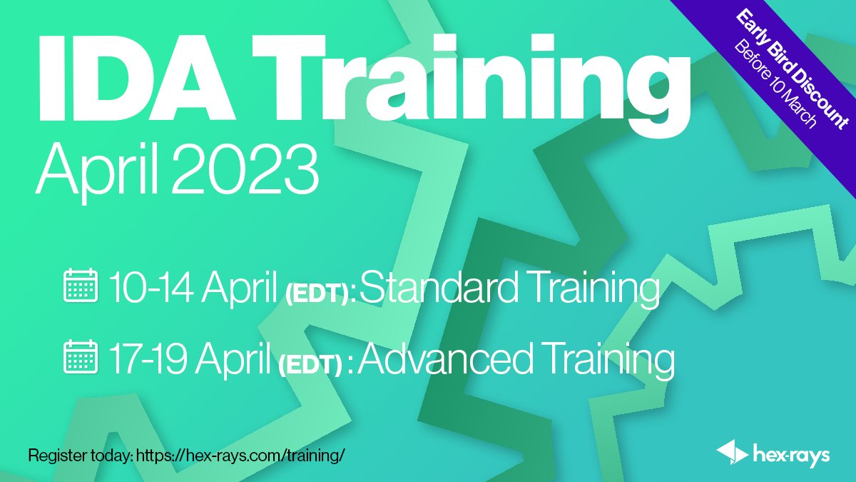 HexRaysSA's tweet photo. Don’t miss the opportunity to improve your #IDA skills! Our April #training sessions are approaching quickly, and the Early Bird discount will be gone in 16 days! Register today 🌐 https://t.co/NgObZv4qT8

#IDATraining #hexrays #IDAPro https://t.co/kuTtE7zjOV
