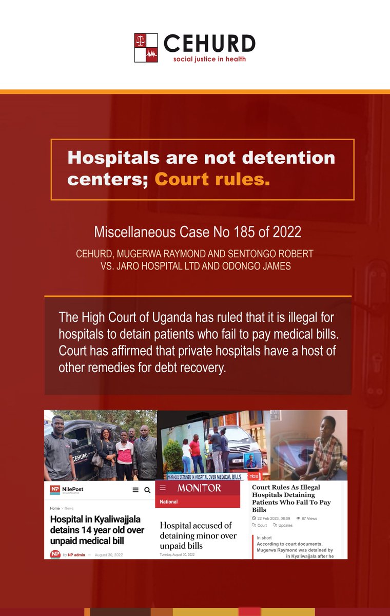 🚨 COURT RULING

It is illegal for hospitals to detain patients who fail to pay medical bills; Court rules. 

Private hospitals have been implored to employ other remedies for debt recovery other than detention. Access the ruling » bit.ly/3Etu8hg