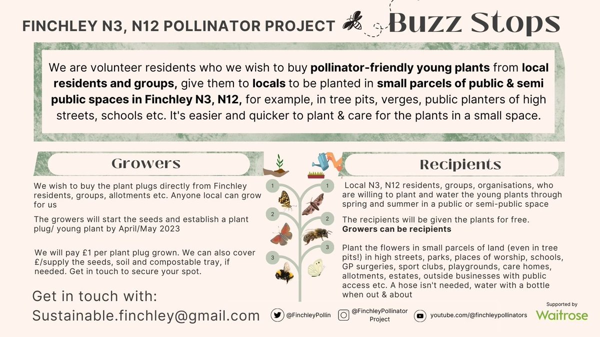 We have just sent out a newsletter with more details about our Buzz Stops project, sponsored by <a href="/waitrose/">Waitrose & Partners</a> . You can view it here: mailchi.mp/f0536d222d58/b…
Are you local to Finchley N3, N12 or willing to lend a hand? Please get in touch!