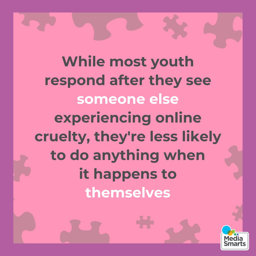 It’s #PinkShirtDay! Our latest research shows that while most youth respond after witnessing someone else experiencing #cyberbullying, they’re less likely to do anything when they experience it themselves. mediasmarts.ca/research-repor…