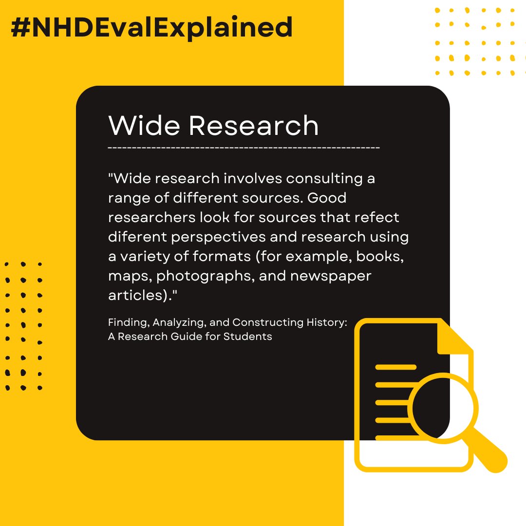 NationalHistory's tweet photo. Prepping for an #NHD2023 contest or reviewing judge evals? Need help with wide research? Check out FINDING, ANALYZING, AND CONSTRUCTING HISTORY: A RESEARCH GUIDE FOR STUDENTS, co-written with #NHDPartner, @librarycongress. It has tips on wide research: https://t.co/4pvfKRQuqN. https://t.co/zQeBgE4aLS