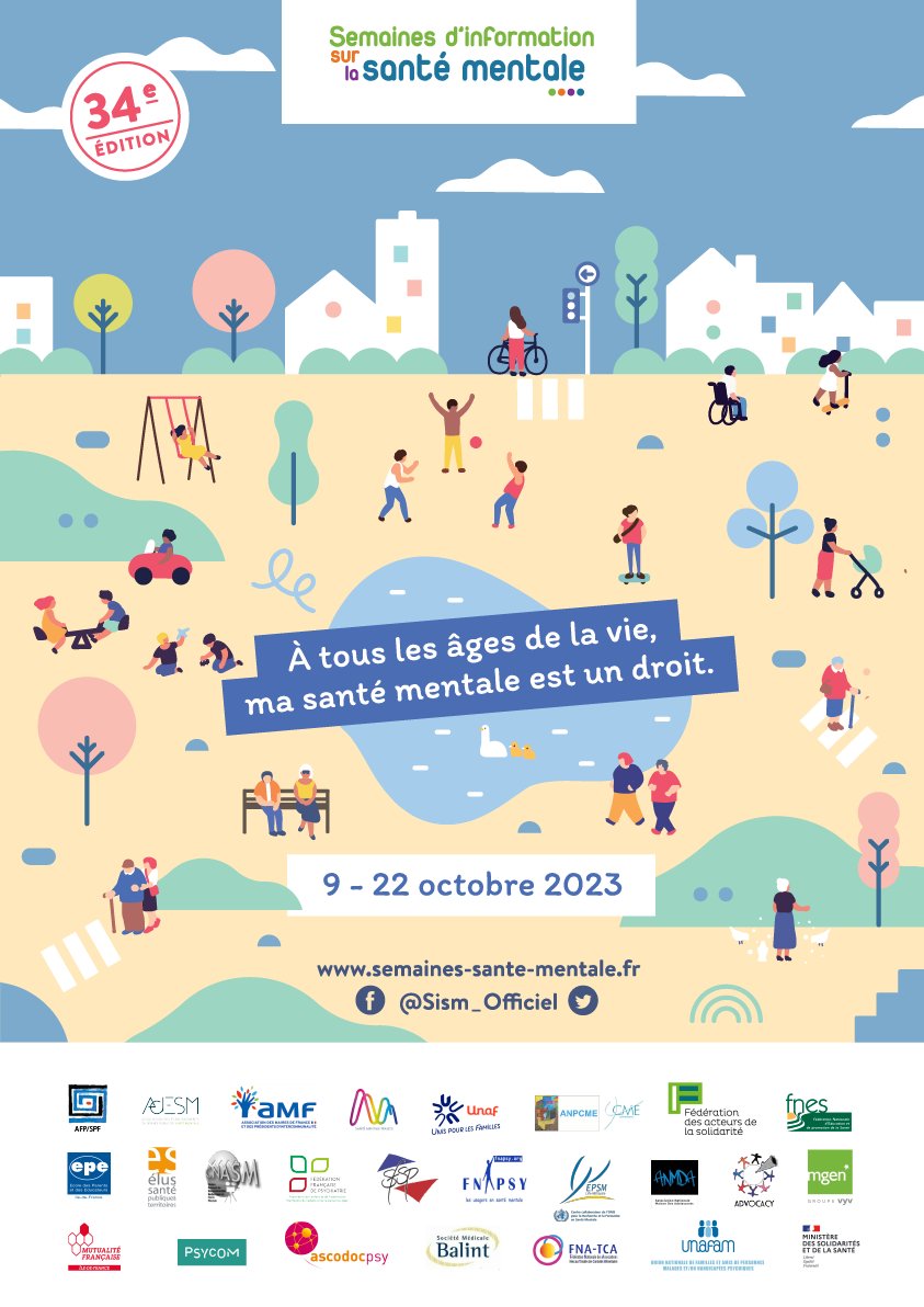 🔴INFO SISM23 
 
L'affiche de communication de l'édition 2023, sur la thématique "À tous les âges de la vie, ma santé mentale est un droit" est disponible en ligne !

vous pouvez également prendre connaisse de l'argumentaire : 
semaines-sante-mentale.fr/wp-content/upl…