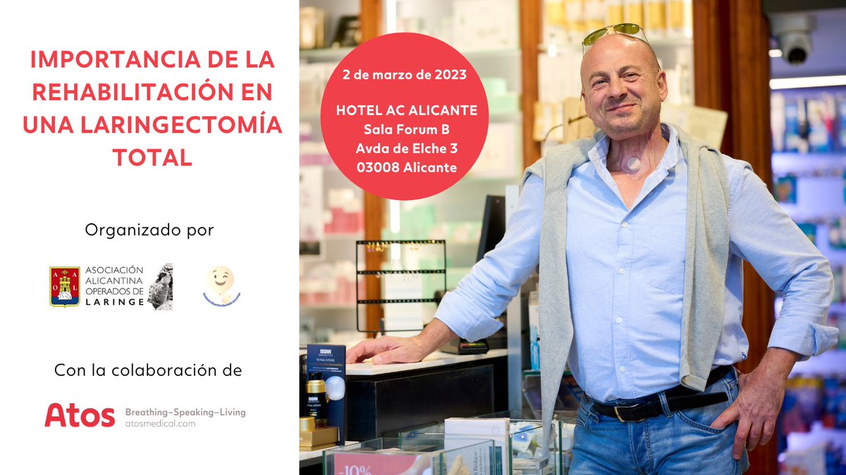 Atos_Medical_ES's tweet photo. Con motivo de la celebración del Día Nacional del Paciente #Laringectomizado, la Asociación Alicantina de Operados de Laringe organiza un evento presencial sobre La Importancia de la Rehabilitación en una Laringectomía Total.

📅 2 de Marzo
🗺 Hotel AC Alicante
⏰10 a 13 h CET https://t.co/wxOGGf6IUW
