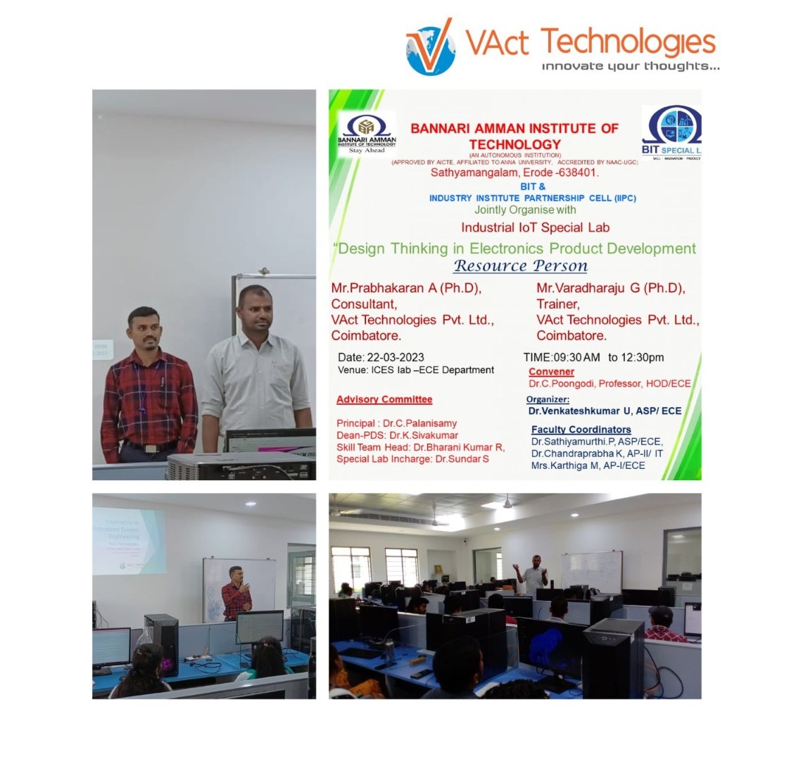 VActTechnology's tweet image. VAct Technologies Private Limited is honored to perform and deliver a guest lecture on &quot;Design Thinking in Electronics Product Development&quot; at the Bannari Amman Institute of Technologies.
#vacttechnologies #embeddedsystems #embeddedtraining #automotive #stm #embeddeddevelopment
