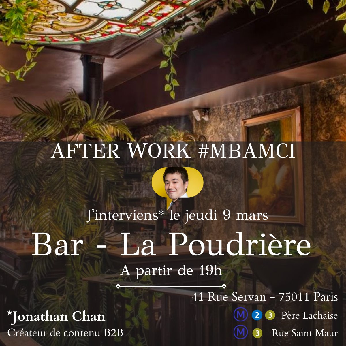 Cher(es) étudiant(es) du #mbamci
Nous sommes très heureux de pouvoir vous inviter au premier afterwork de l'année 2023 qui aura lieu le jeudi 9 mars, avec un invité de renom ! <a href="/ChanPerco/">Jonathan Chan  💡📣</a> 
<a href="/louisduroulle/">Louis Duroulle</a> <a href="/RedonEva22/">Benedicte Redon</a> <a href="/Virginie_Gaston/">Virginie Gaston</a>  <a href="/alexandre3h33/">Alexandre Stopnicki</a>  <a href="/ch__bernard/">Christophe Bernard</a>
<a href="/mbamci/">MBA MCI - MBA Marketing Communication Innovation</a>