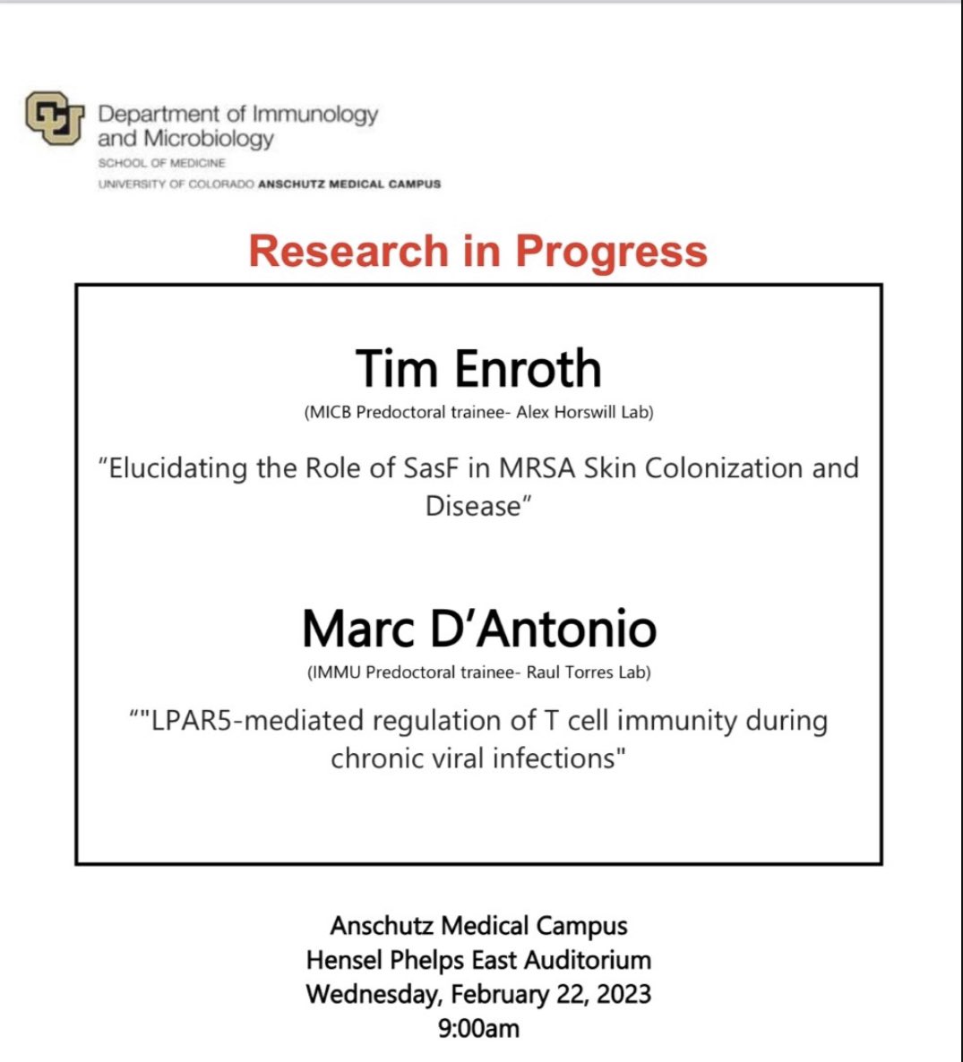 University of Colorado Immunology (@cuanschutz_immu) on Twitter photo We have some interesting RIPs this week taking a look at MRSA skin colonization by Tim Enroth of the <a href="/Horswill_Lab/">Horswill Lab</a> and the impacts of a small lipid, LPA, on T cell function by Marc D’Antonio from the Torres lab We have some interesting RIPs this week taking a look at MRSA skin colonization by Tim Enroth of the <a href="/Horswill_Lab/">Horswill Lab</a> and the impacts of a small lipid, LPA, on T cell function by Marc D’Antonio from the Torres lab