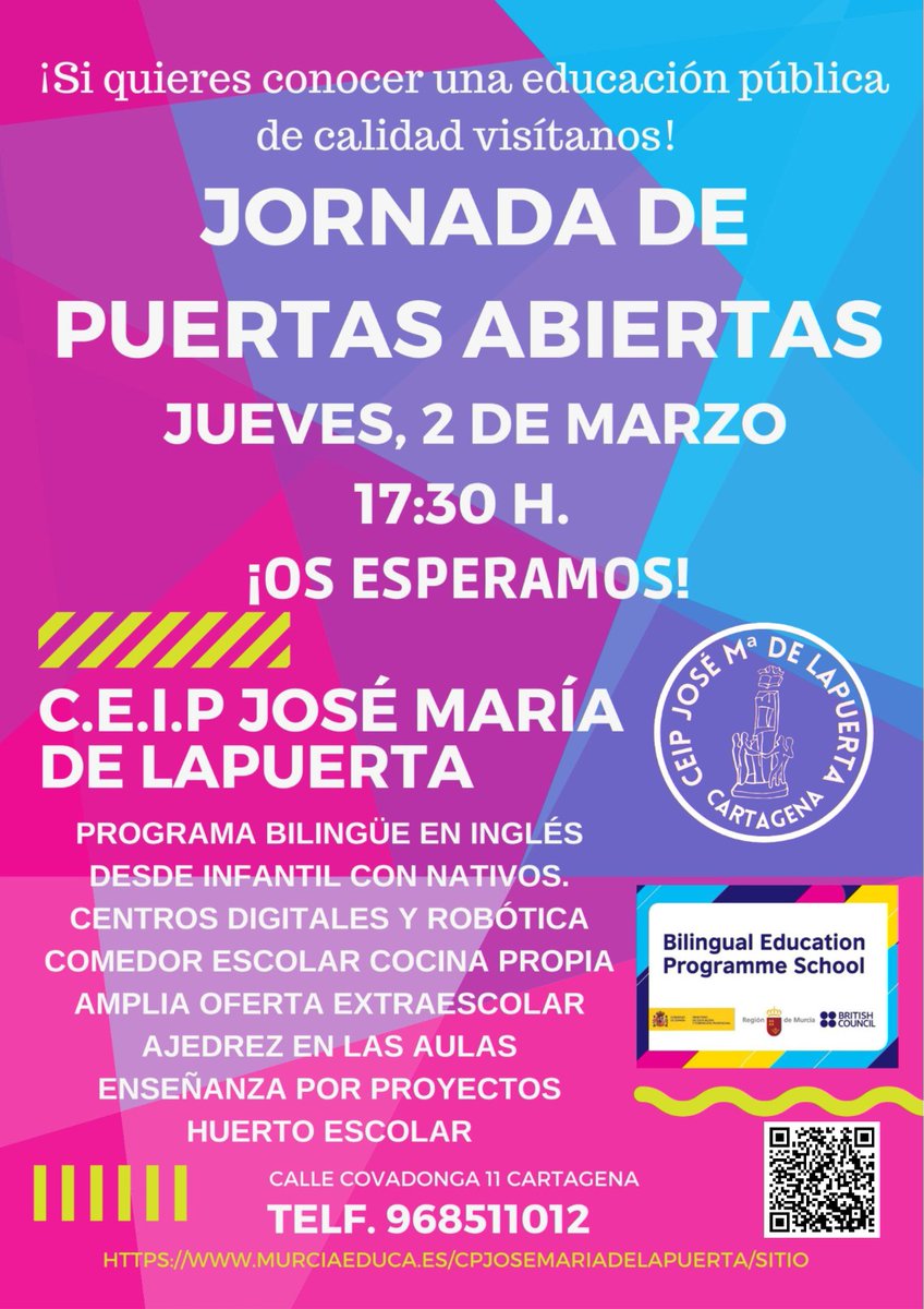 JMLapuerta's tweet photo. Admisión alumnos/as Infantil y Primaria curso 2023/24.
El plazo para presentar solicitudes para Infantil y Primaria será del 6 al 24 de marzo. Si quieren conocer nuestro centro, les esperamos en nuestra Jornada de Puertas abiertas el próximo jueves, 2 de marzo a las 17:30 h. https://t.co/1Nrh3LEzPI