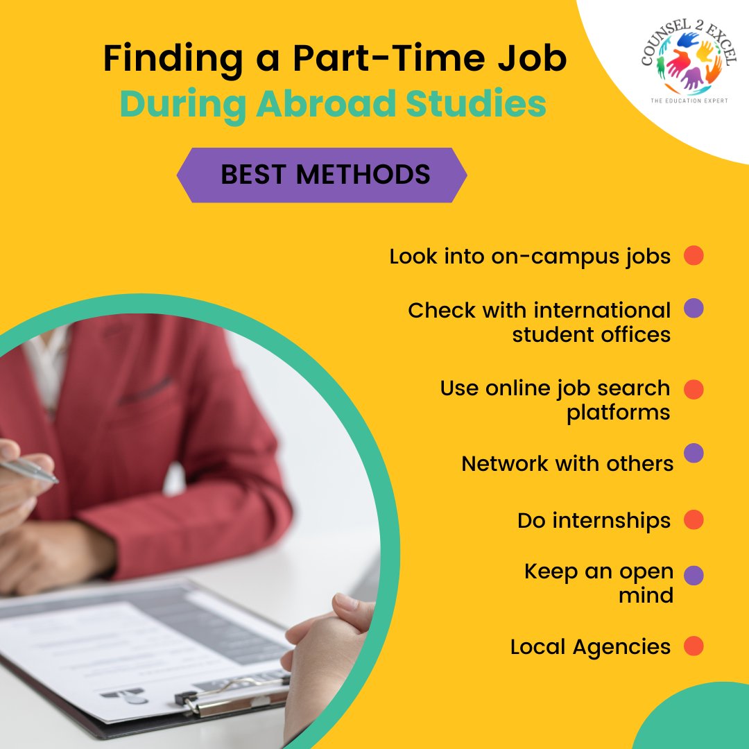counsel2excel's tweet image. Presenting the Best Methods to find a Part-time job while studying abroad
More details in our upcoming blog
.
.
.
#Counsel2Excel #abroadeducationconsultants #parttimejob #abroadjobsforindians #abroadjobopportunities #abroadjobsmadeeasy #overseaseducationconsultancy