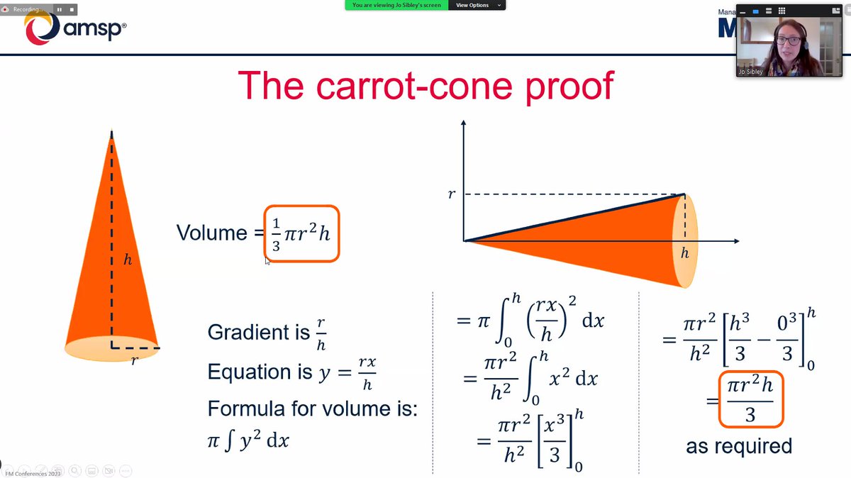 MathsTechnology's tweet photo. Great introduction to volumes of revolution from @JusSumChick and @v_wheelhouse at the @Advanced_Maths Further Maths conference - introducing the method using a result that students will be secure with to help understanding. #AMSPconference https://t.co/iENr9sb1qb