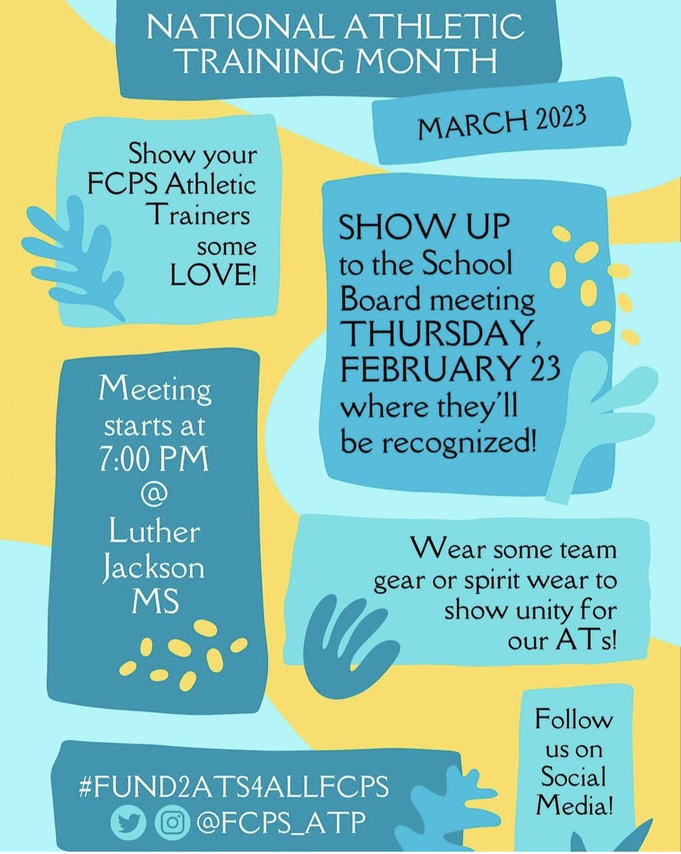 TJ Athletic Trainers (@tjhsst_at) on Twitter photo Dont forget to come out to the School Board Meeting on Thursday to cheer on Dr Murphy & Ms Taylor and the whole <a href="/FCPS_ATP/">FCPS Athletic Training Program</a> for their recognition for National Athletic Trainers’ Month!
Wear TJ Spirit Gear! #natm #natm23 #natm2023 #at4all #Fund2ATs4AllFCPS Dont forget to come out to the School Board Meeting on Thursday to cheer on Dr Murphy & Ms Taylor and the whole <a href="/FCPS_ATP/">FCPS Athletic Training Program</a> for their recognition for National Athletic Trainers’ Month!
Wear TJ Spirit Gear! #natm #natm23 #natm2023 #at4all #Fund2ATs4AllFCPS