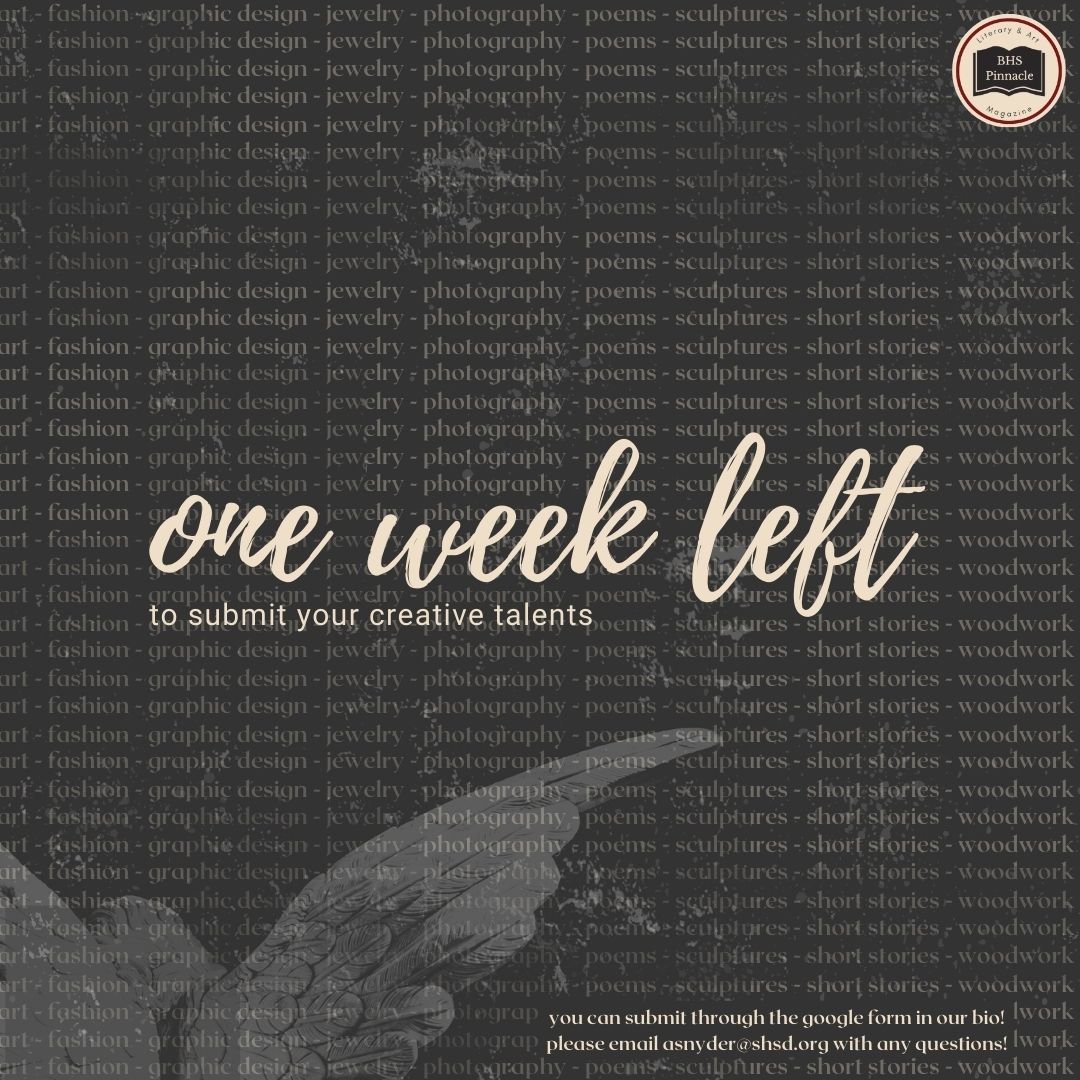 BHSPinnacle's tweet photo. There is one week left to submit to The Pinnacle! Submit your work through the Google Form in our bio until March 1! https://t.co/ZPjxbKktIj