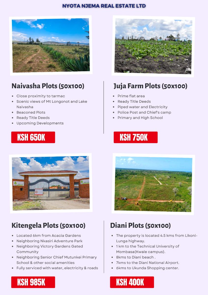 nyotanjema_re's tweet photo. Land is a solid investment that never goes out of style. Don't miss out on the opportunity to own a piece of these prime plots.
Call us on 0728694916 for more information.
#Terminal2 #NationalShutdown #Kabando #KPLC #Finlays #Kericho #LakeVictoria #NairobiCBD #Kericho #Naivasha https://t.co/u1t50W9Tk3