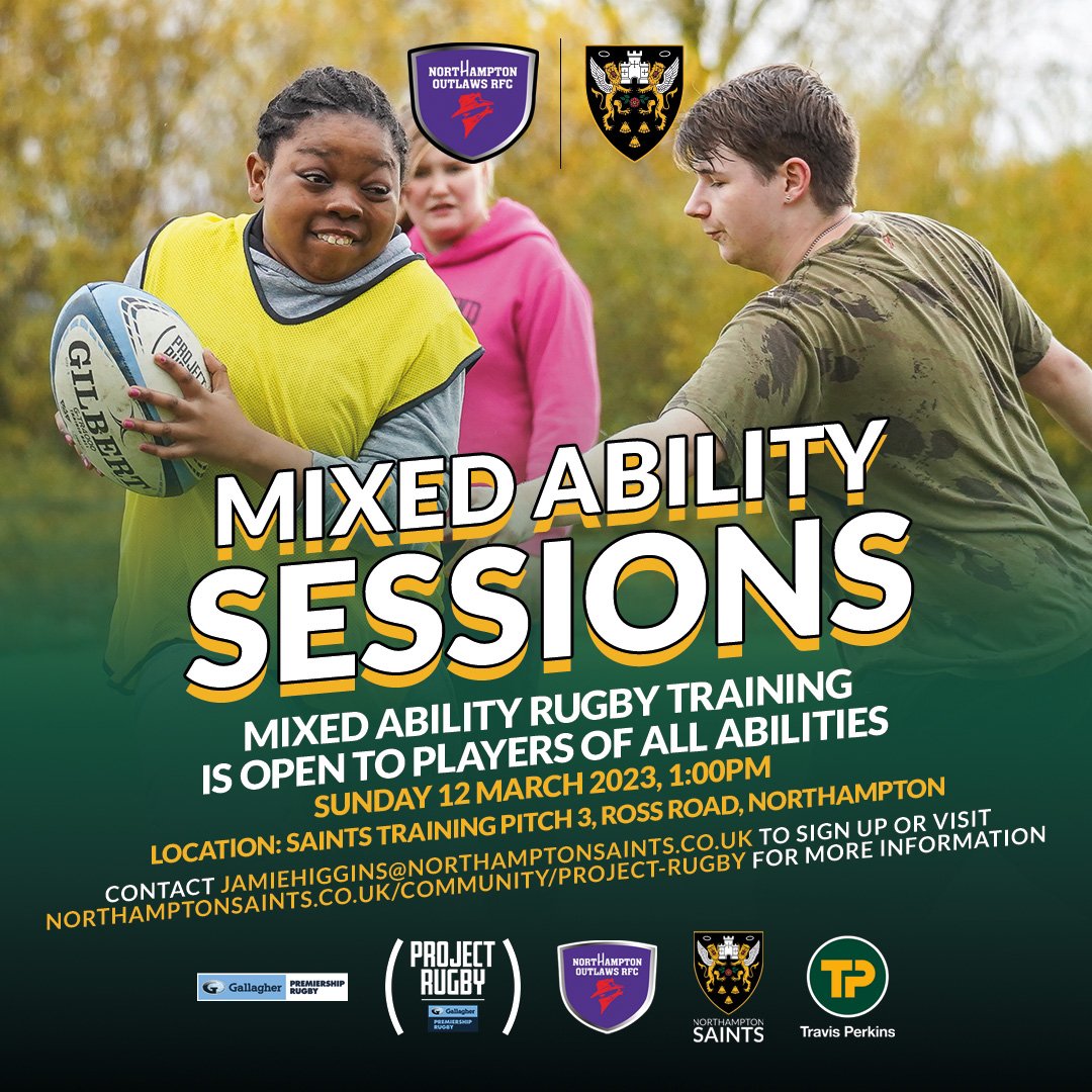 SaintsComm's tweet image. Mixed ability Rugby sessions are for players of all abilities, including ambulant players with learning or physical disabilities.

Interested in playing? join us alongside @OutlawsRFC for a taster as part of their Sunday Fun Day session 12th March.
⏰1pm
📍Saints Training Pitch 3